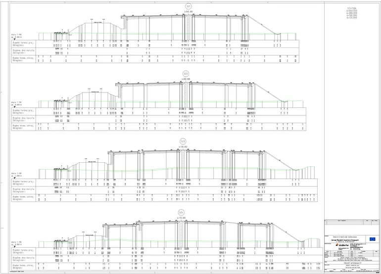 Modlinska – cross-section view of the highly complicated road and other structure positions.